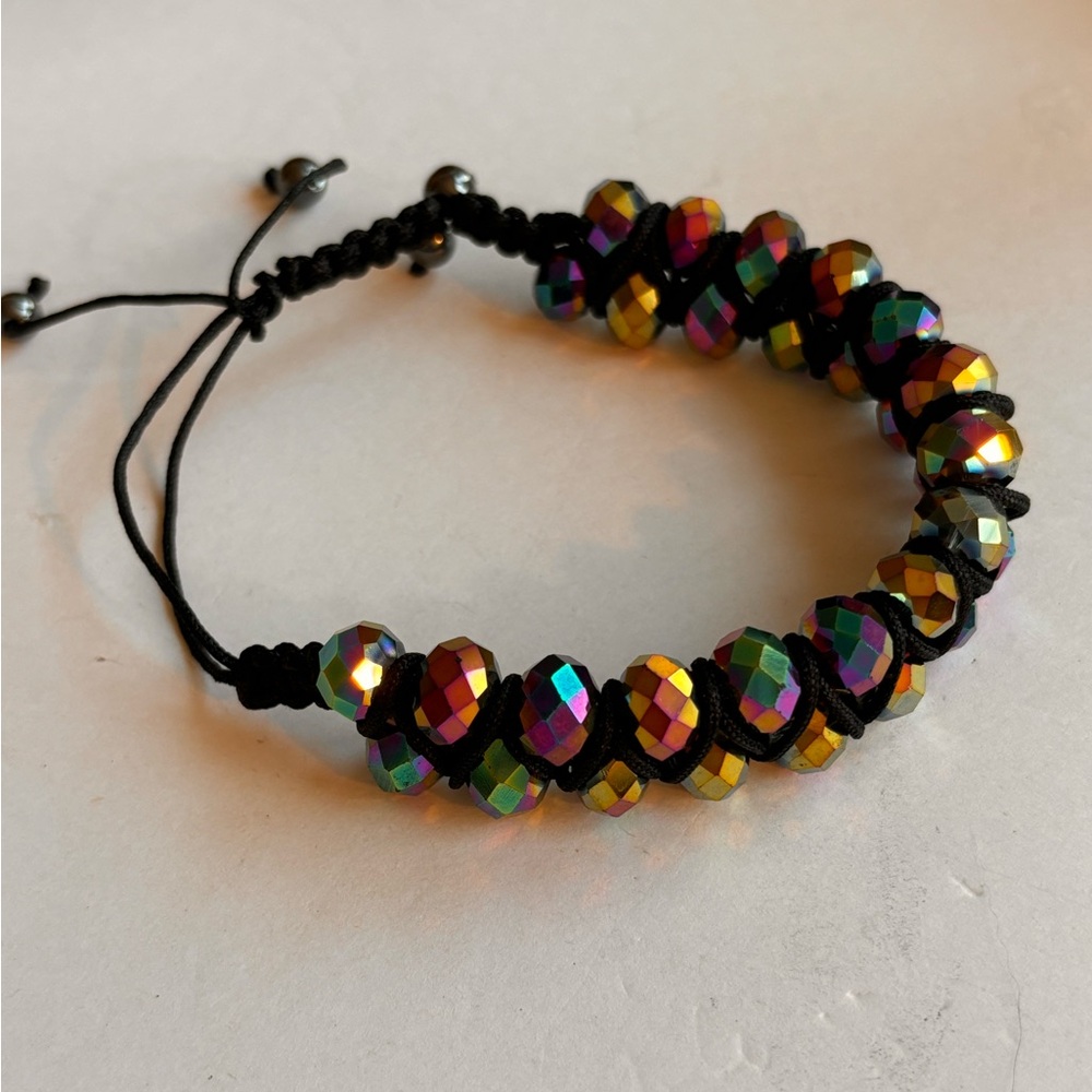 Black faceted beaded ab bracelet/ adjustable/ from 6 1/4 through 8 1/2